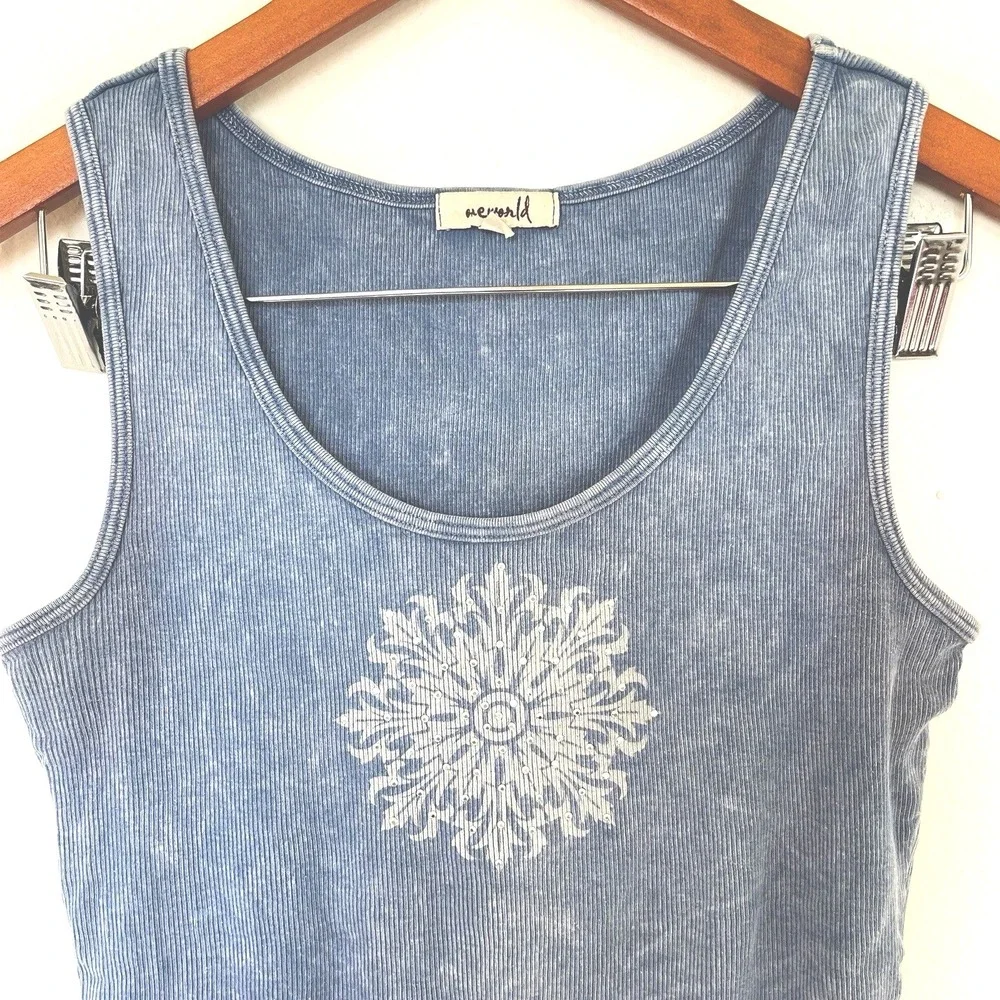 Vintage Y2K One World Ribbed Tank Top Size M Blue Hippie Boho Festival Coachella